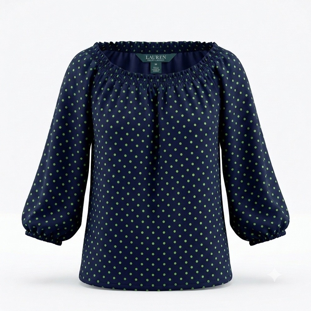 Lauren Ralph Lauren Navy Blue Green Polka Dot Peasant Top 3/4 Puff Sleeve M